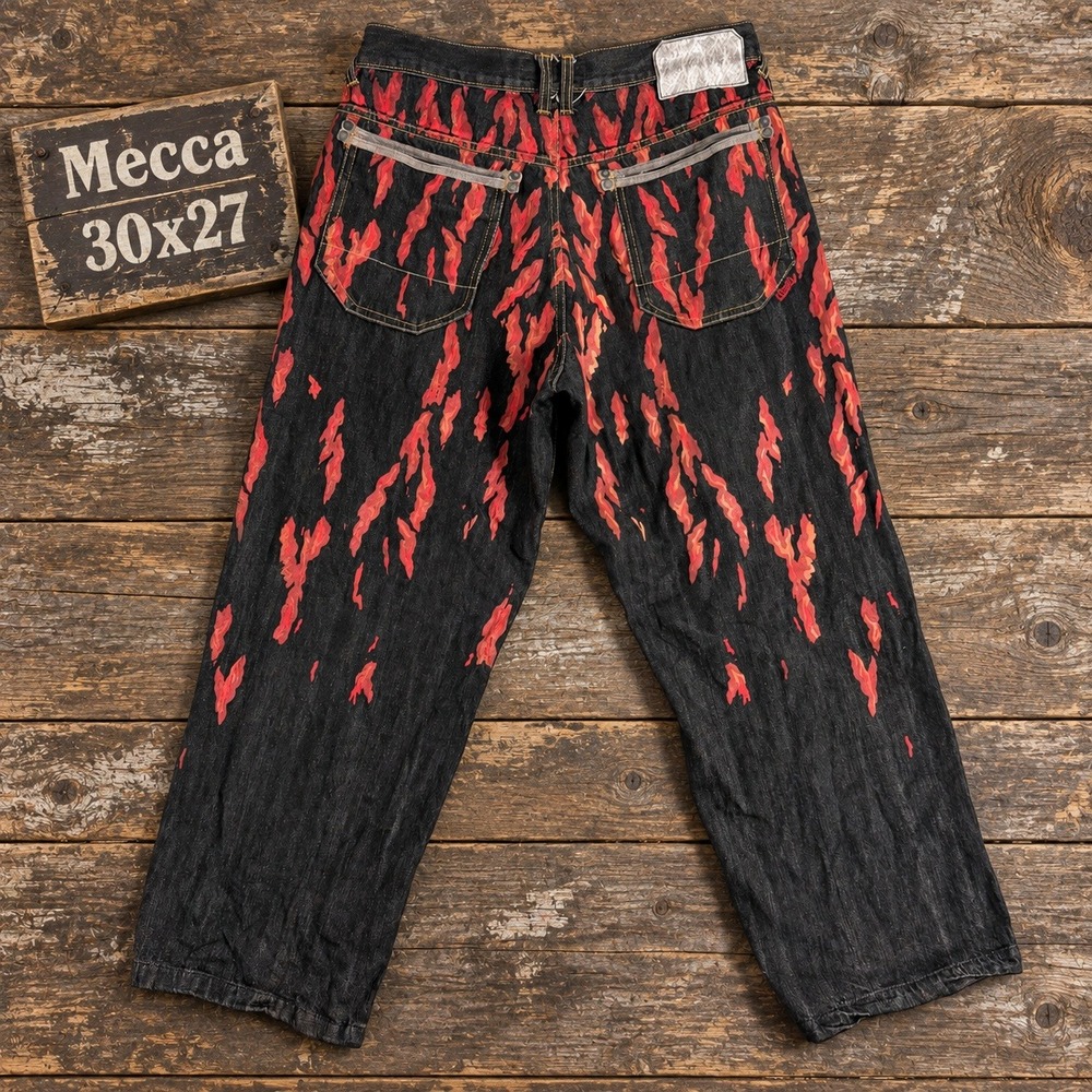 Mecca Vintage Mens Wide Leg Graphic Flame Jeans Black Red 30x27 Streetwear Y2K
